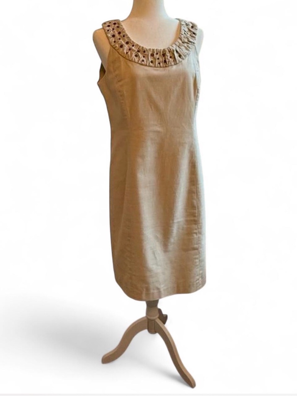 Willi Smith Sleeveless Beige Sheath Dress with Metal Studded Neckline